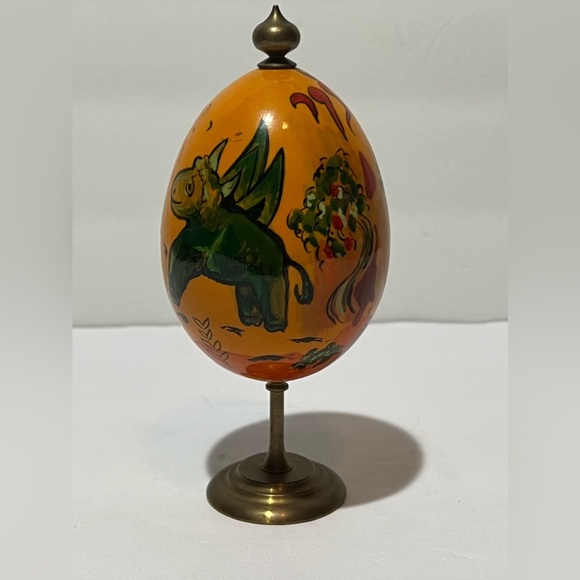 VTG Russian Lacquer Wood Egg Oil Painted Baby Dragon Birds Candles HTF Easter - Picture 4 of 11